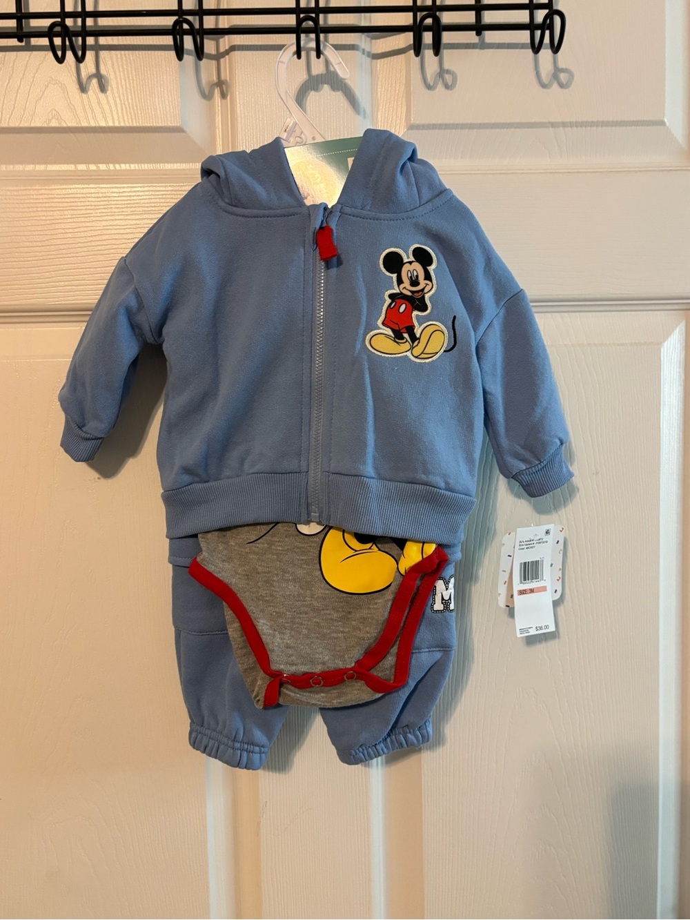 Mickey Mouse Baby Hoodie & Bodysuit 3pc  Set Blue Red Accents 3months New
